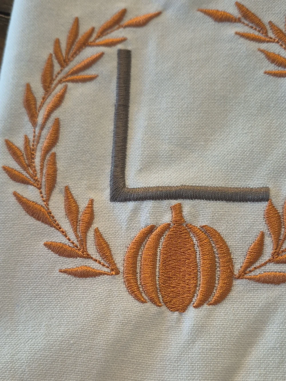 Linen Fall Kitchen Guest Room Tea Towel Initial L Pumpkin Orange Vine Embroidery
